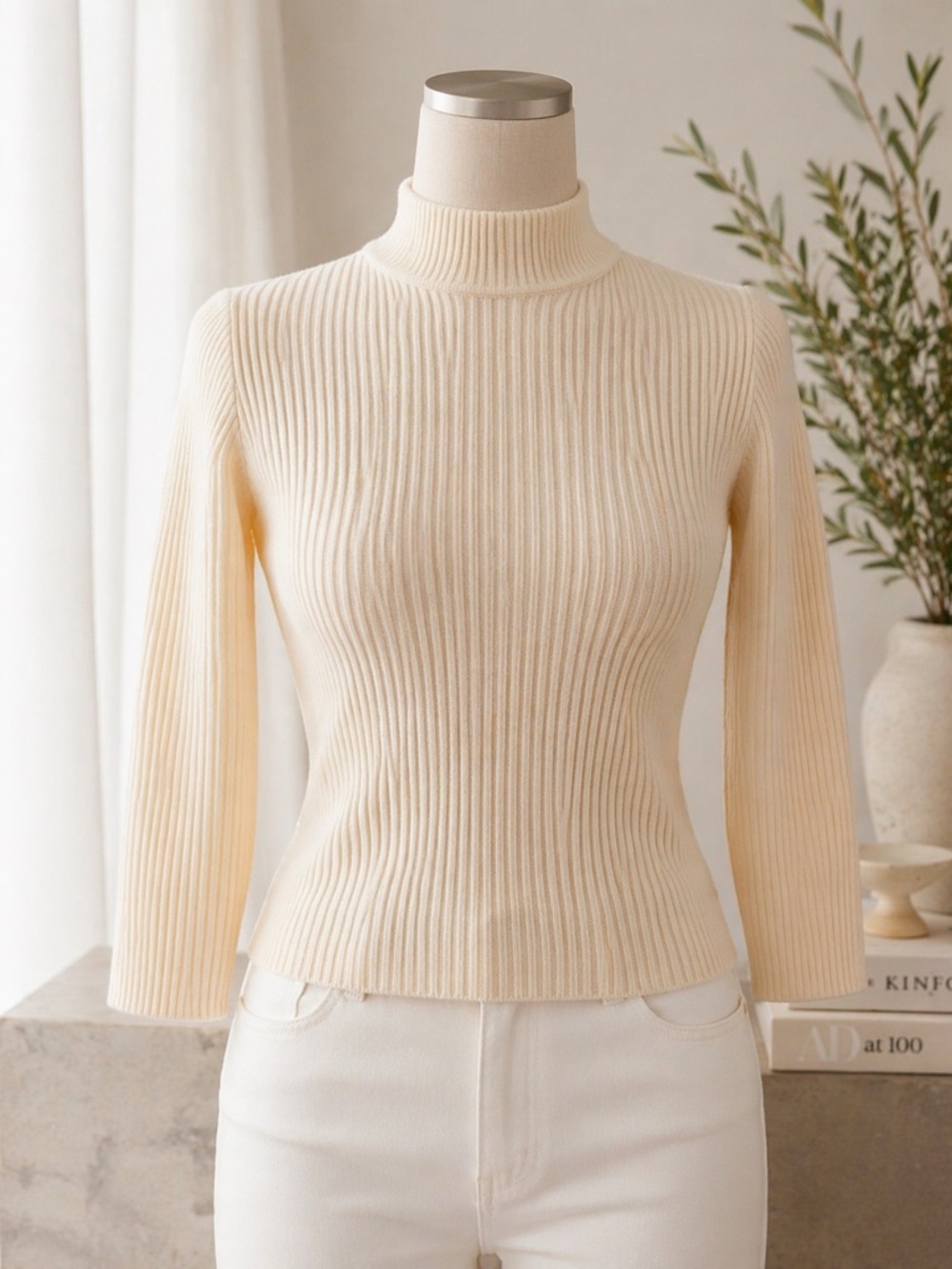 St John Ivory Ribbed Mock Neck Sweater Wool Knit Quiet Luxury S